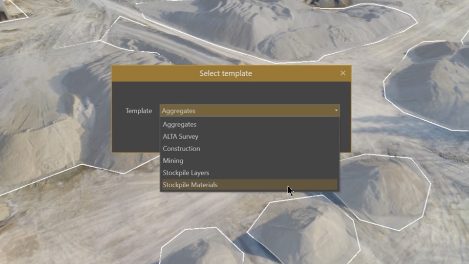 Selecting a template that adds materials to a stockpiles project